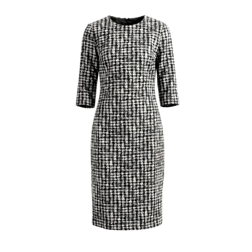 Hugo Boss Black White Polyester Cotton Fitted Career Sheath Dress | Size 0
